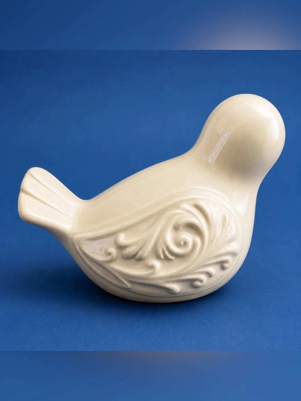 Vintage Ivory Ceramic Bird Figurine with Embossed Scroll Design – Cottage